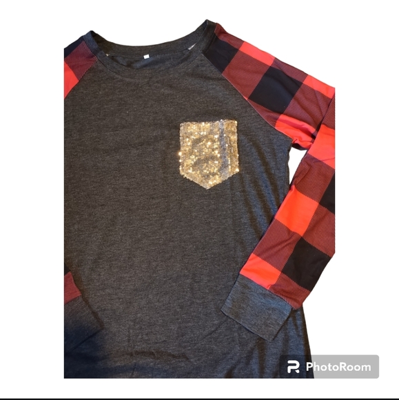 "NEW" Bling Pocket Women's Buffalo Plaid Top - Picture 3 of 9